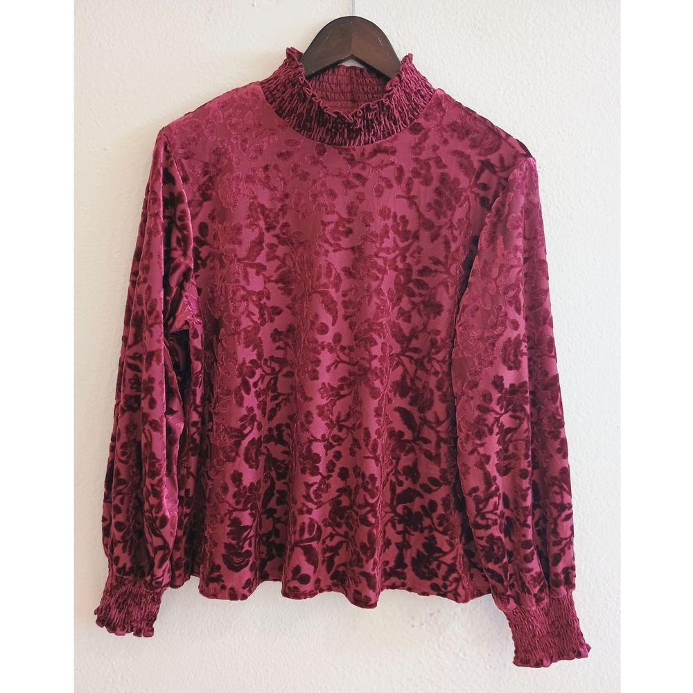 Maurices Burgundy Burnout Velvet Floral Smocked High Neck Top XL Long Sleeve